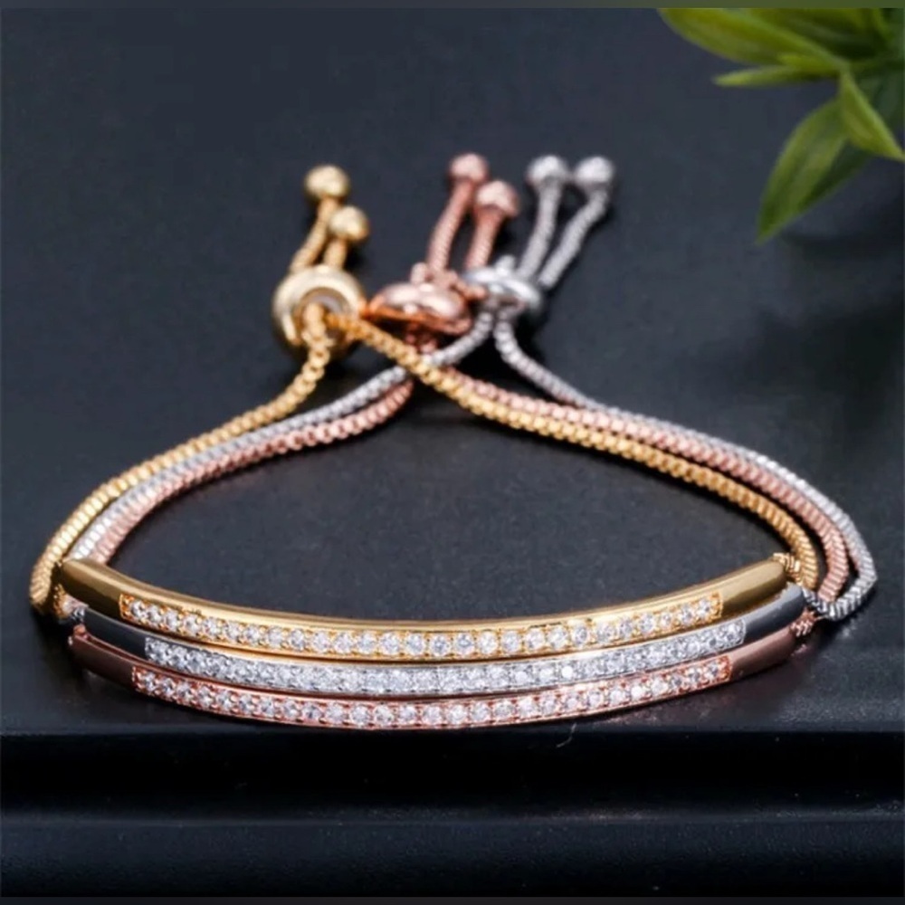 Tricolor Gold Stacking Bracelets Set Natural Zircon Inlay Adjustable Sizing